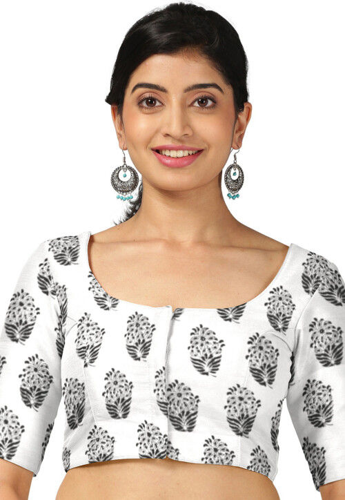 Pure Cotton Handblock Printed Blouse With Full Sleeves-White