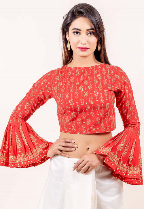 Block Printed Cotton Blouse in Red