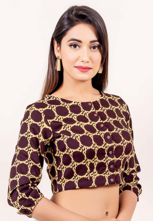 Block Printed Cotton Blouse in Wine and Beige