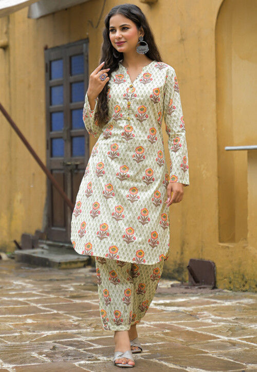 Block Printed Cotton Co Ord Set in Cream