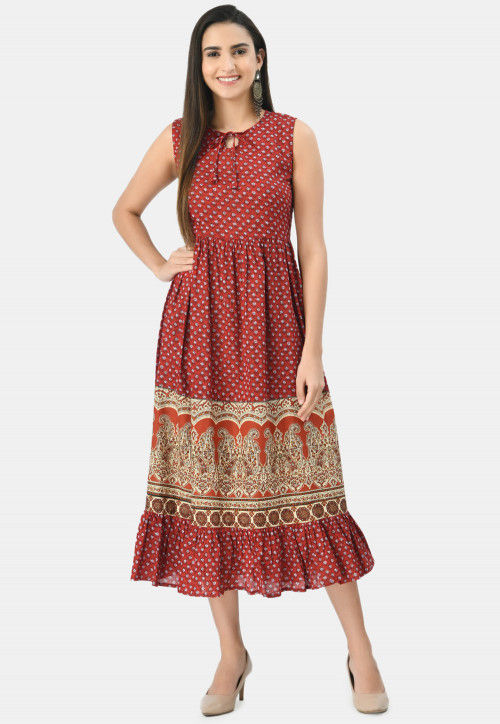 Buy Block Printed Cotton Fit N Flare Dress in Maroon Online : TMD206 -  Utsav Fashion