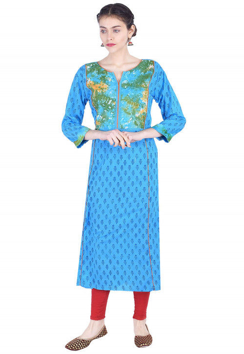Block Printed Cotton Kurta in Blue