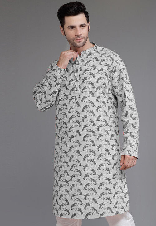 Block Printed Cotton Kurta in Grey
