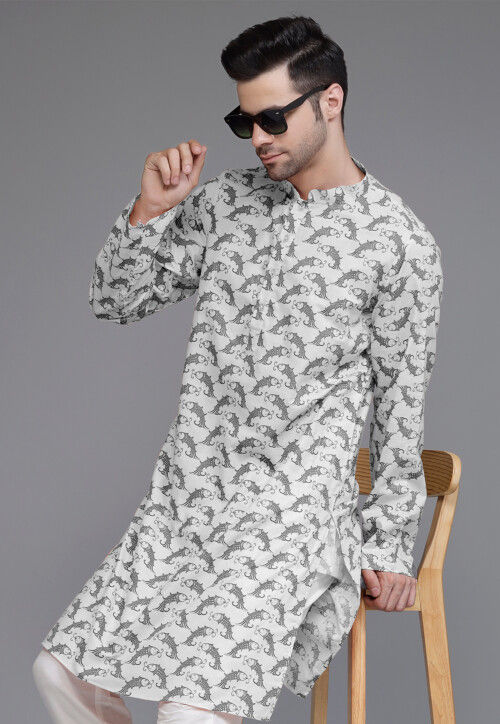 Block Printed Cotton Kurta in Grey