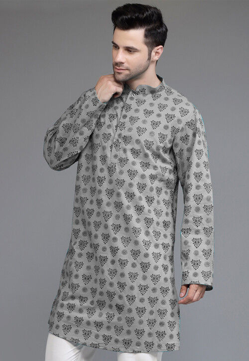 Grey - Block Print Natural Dyed Cotton Straight Jahota Kurta 20