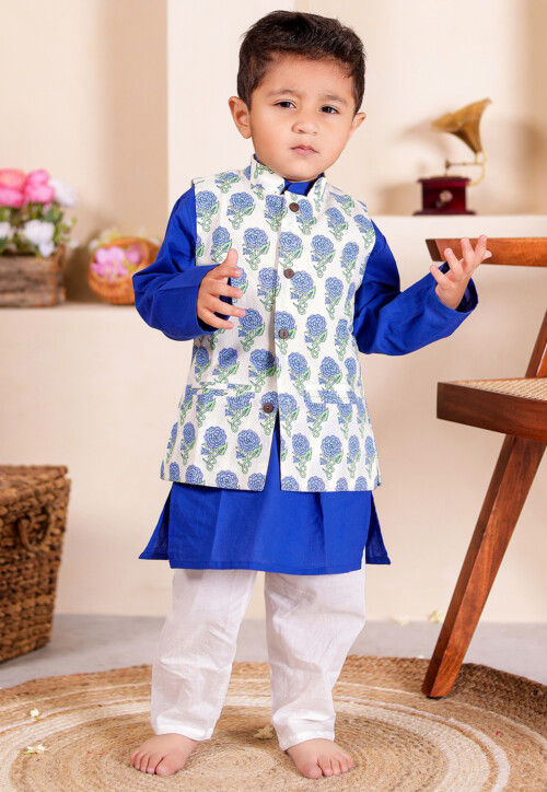 Block Printed Cotton Kurta Set in Royal Blue and Off White