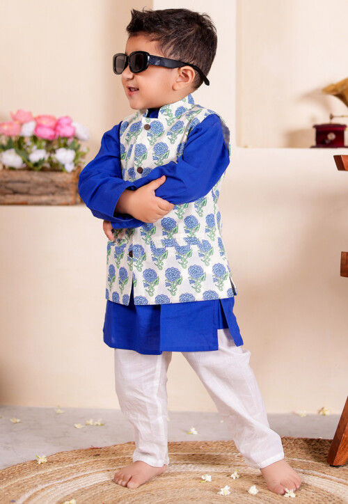 Block Printed Cotton Kurta Set in Royal Blue and Off White