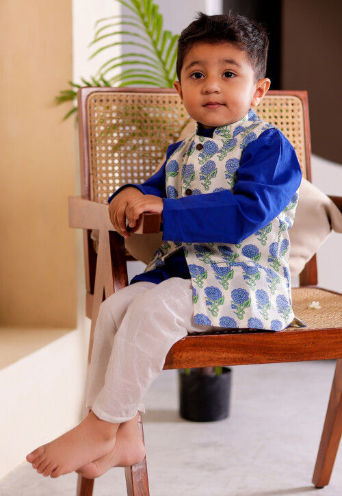Block Printed Cotton Kurta Set in Royal Blue and Off White