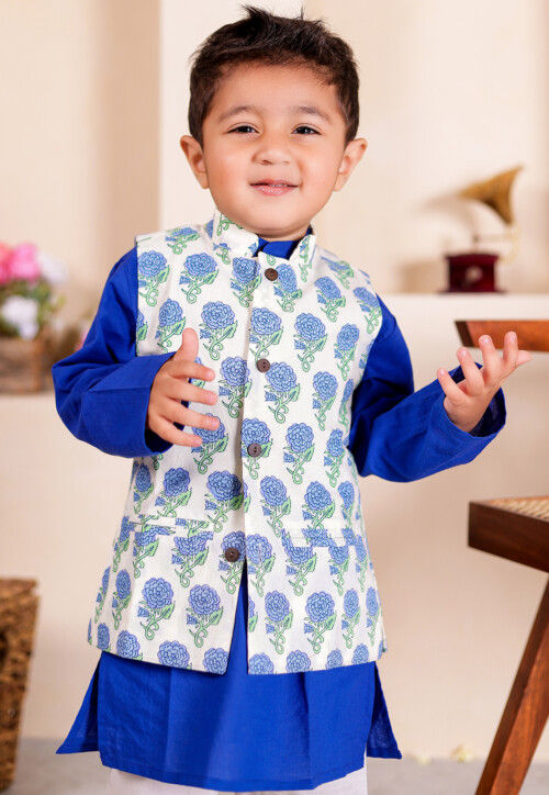 Block Printed Cotton Kurta Set in Royal Blue and Off White