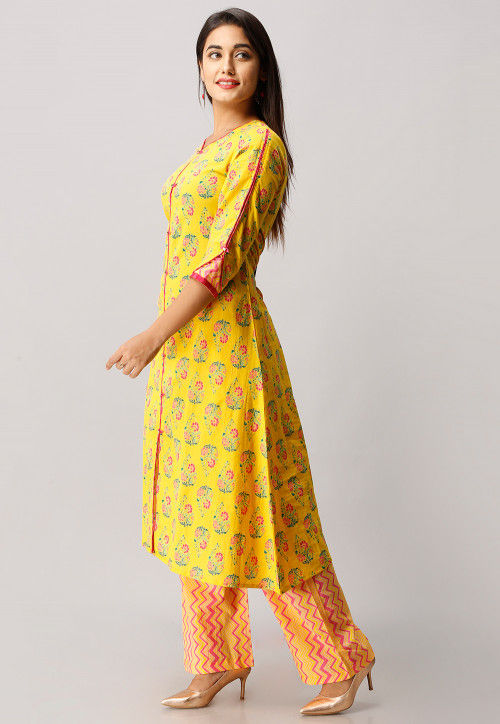 Buy Block Printed Cotton Kurta with Palazzo in Yellow Online : TUH6 ...