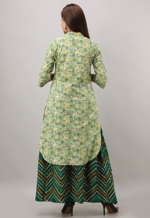 Block Printed Cotton Kurta with Skirt in Light Green : TUH22