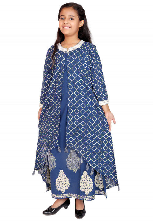 Block Printed Cotton Long Kurta in Blue