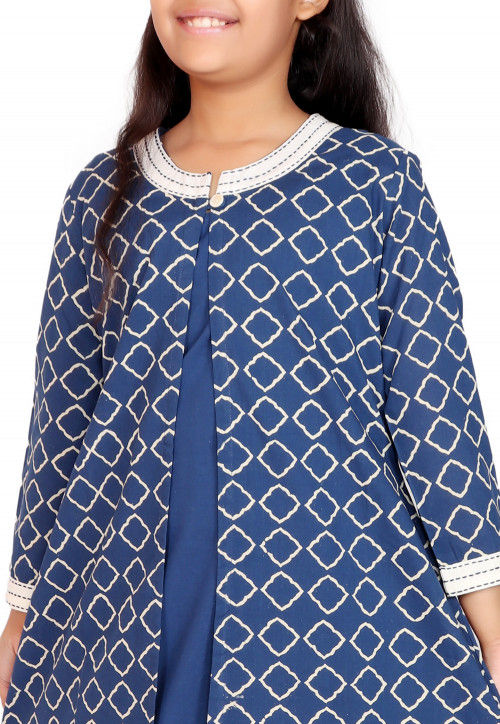 Block Printed Cotton Long Kurta in Blue