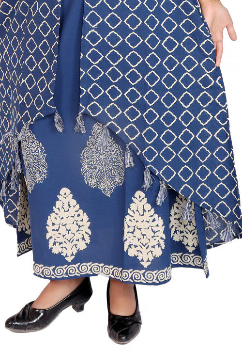 Block Printed Cotton Long Kurta in Blue