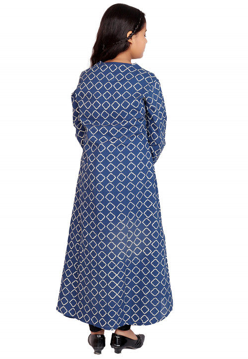 Block Printed Cotton Long Kurta in Blue