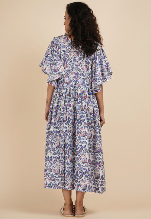 Buy Block Printed Cotton Maxi Dress Off White and Blue Online : TXL66 ...