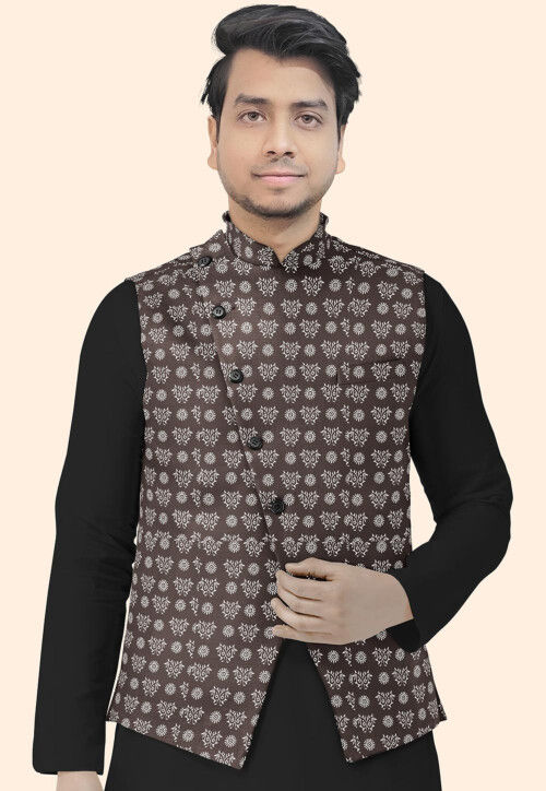 Buy Men's blended Cotton Ikkat Printed Nehru Jacket in Black Online -  KARMAPLACE — Karmaplace