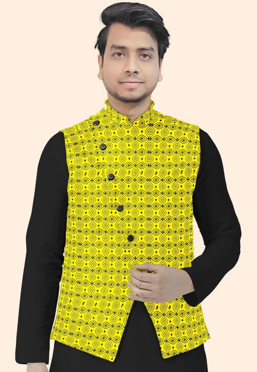 Block Printed Cotton Nehru Jacket in Mustard