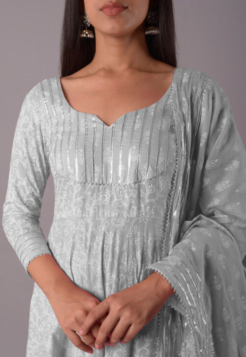 Block Printed Cotton Pakistani Suit in Grey