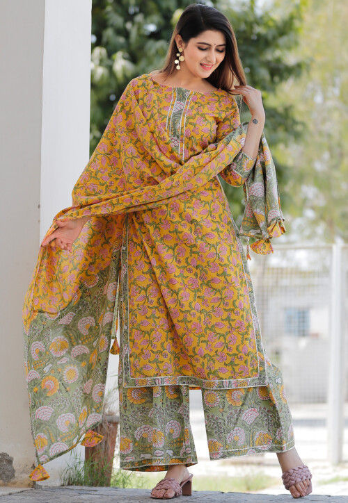 Block Printed Cotton Pakistani Suit in Mustard : KER140