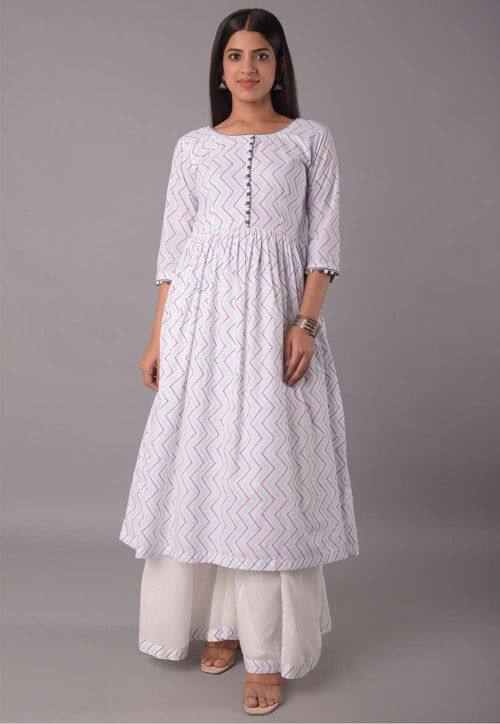 Block Printed Cotton Pakistani Suit in Off White