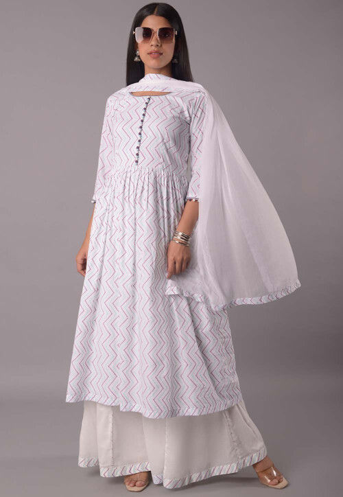 Buy Block Printed Cotton Pakistani Suit in Off White Online : KUR52 ...