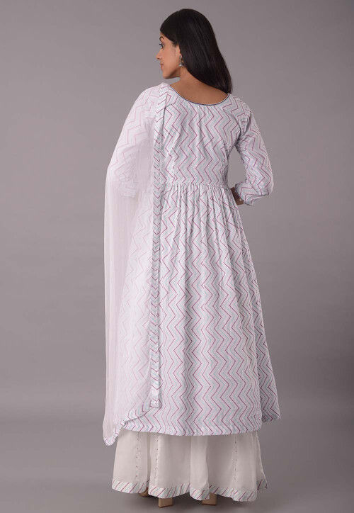 Block Printed Cotton Pakistani Suit in Off White