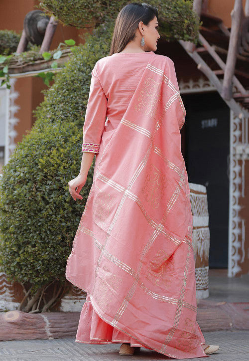 Block Printed Cotton Pakistani Suit in Peach : KER30