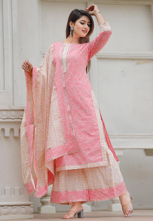 Buy Block Printed Cotton Pakistani Suit in Pink Online : KER70 - Utsav ...