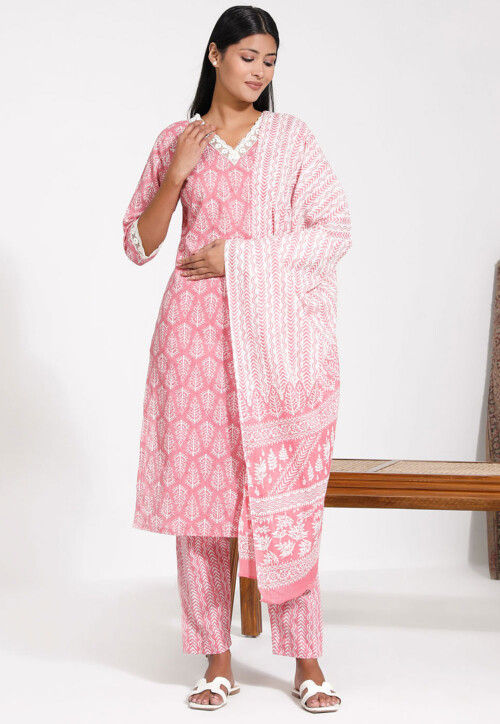 Block Printed Cotton Pakistani Suit in Pink