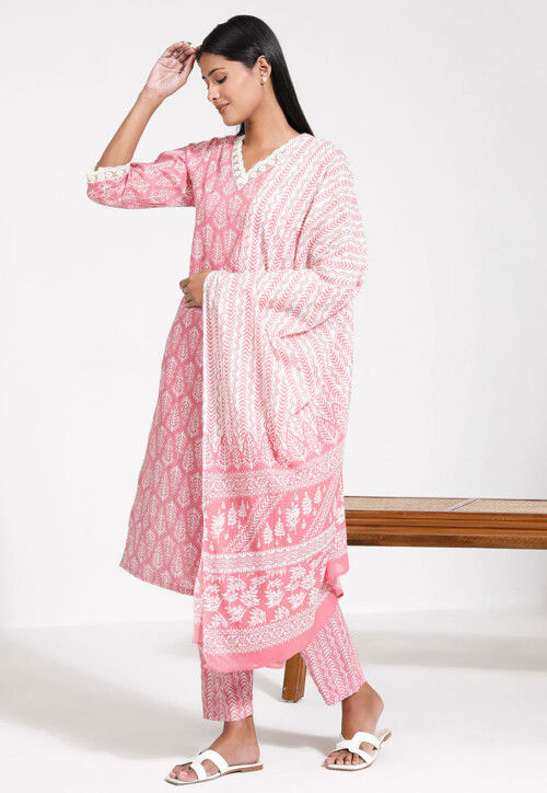 Block Printed Cotton Pakistani Suit in Pink