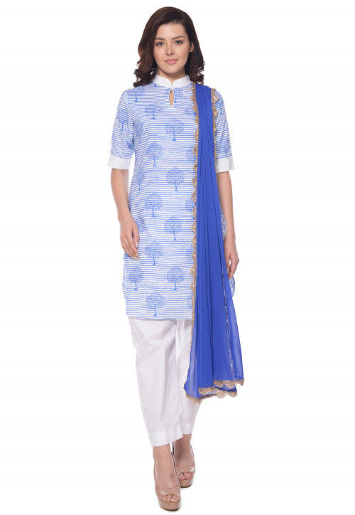 Block Printed Cotton Pakistani Suit in White and Blue