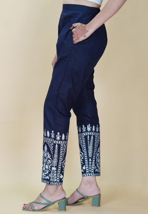 Block Printed Cotton Pant in Navy Blue
