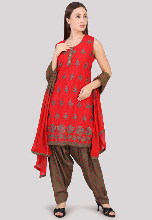 Buy Block Printed Cotton Punjabi Suit in Red Online KYR288 Utsav