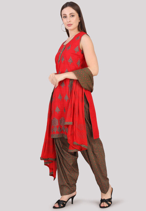 Buy Block Printed Cotton Punjabi Suit in Red Online KYR288 Utsav