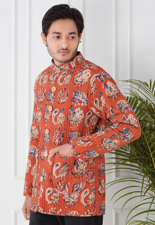 Block Printed Cotton Reversible Warm Jacket in Rust and Cream