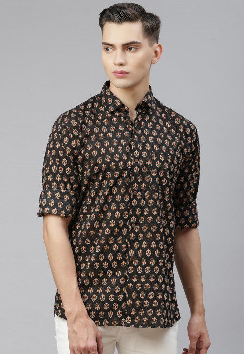 Black - Bagru Block Printed Cotton Men Half Sleeve Shirt