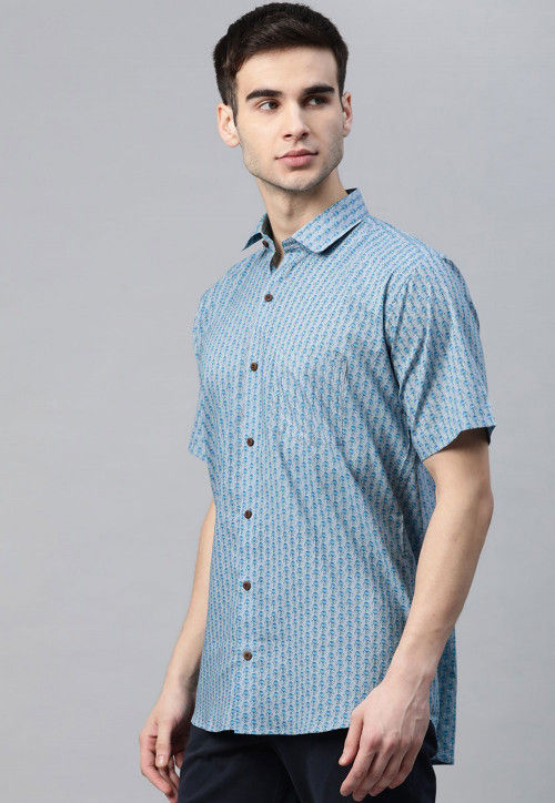 Block Printed Cotton Shirt in Light Grey and Blue : MRE138