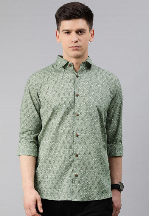 Block Printed Cotton Shirt in Pastel Green : MRE40