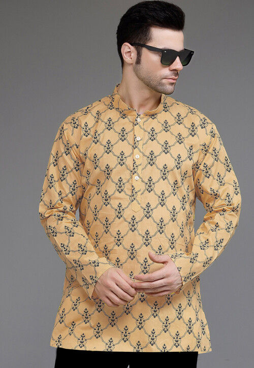 Block Printed Cotton Short Kurta in Beige