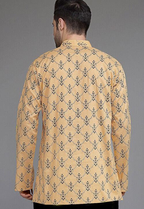 Block Printed Cotton Short Kurta in Beige