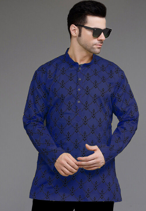 Block Printed Cotton Short Kurta in Navy Blue