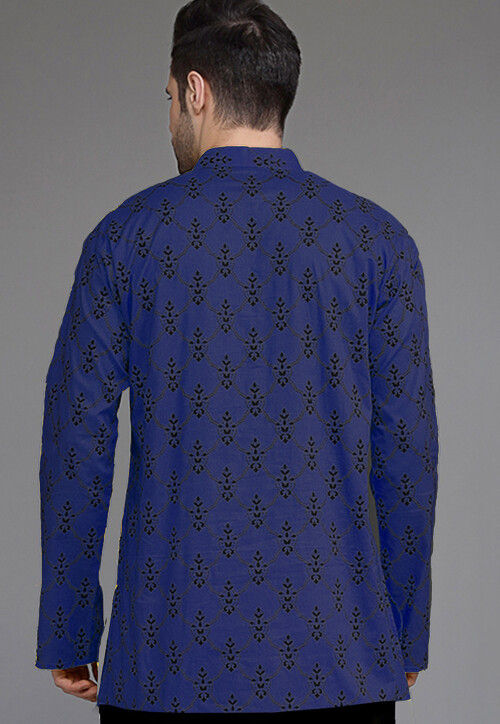 Block Printed Cotton Short Kurta in Navy Blue