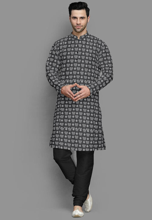 Block Printed Cotton Silk Kurta Set in Grey