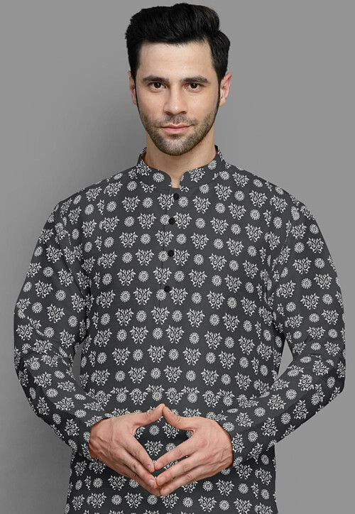 Block Printed Cotton Silk Kurta Set in Grey