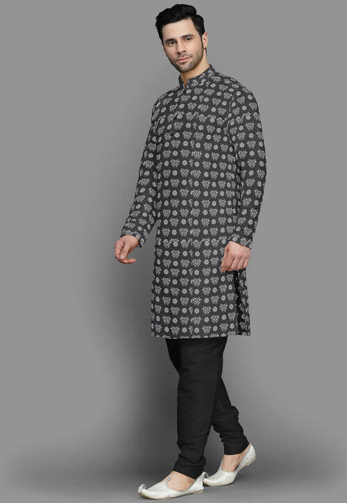 Block Printed Cotton Silk Kurta Set in Grey