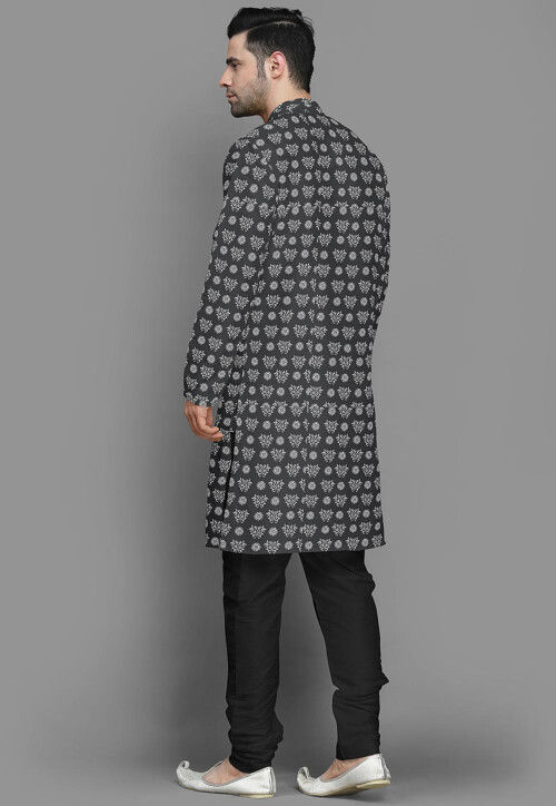 Block Printed Cotton Silk Kurta Set in Grey