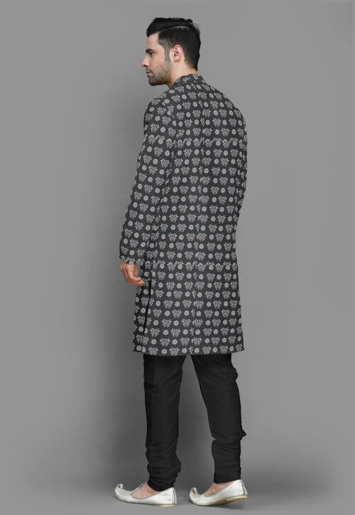 Block Printed Cotton Silk Kurta Set in Grey