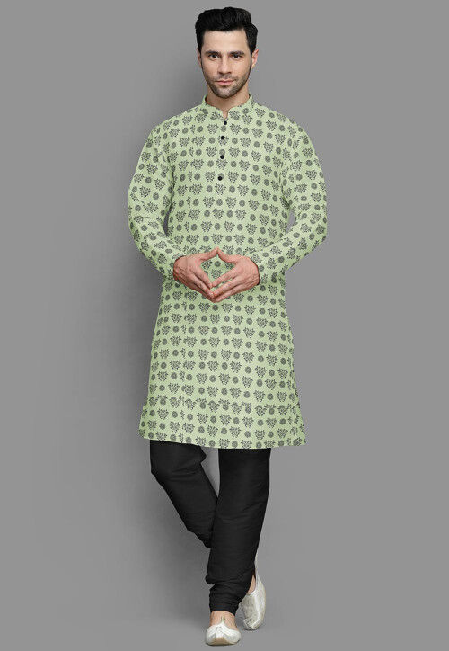Block Printed Cotton Silk Kurta Set in Light Green