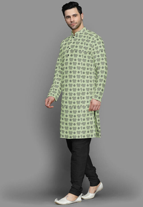 Block Printed Cotton Silk Kurta Set in Light Green